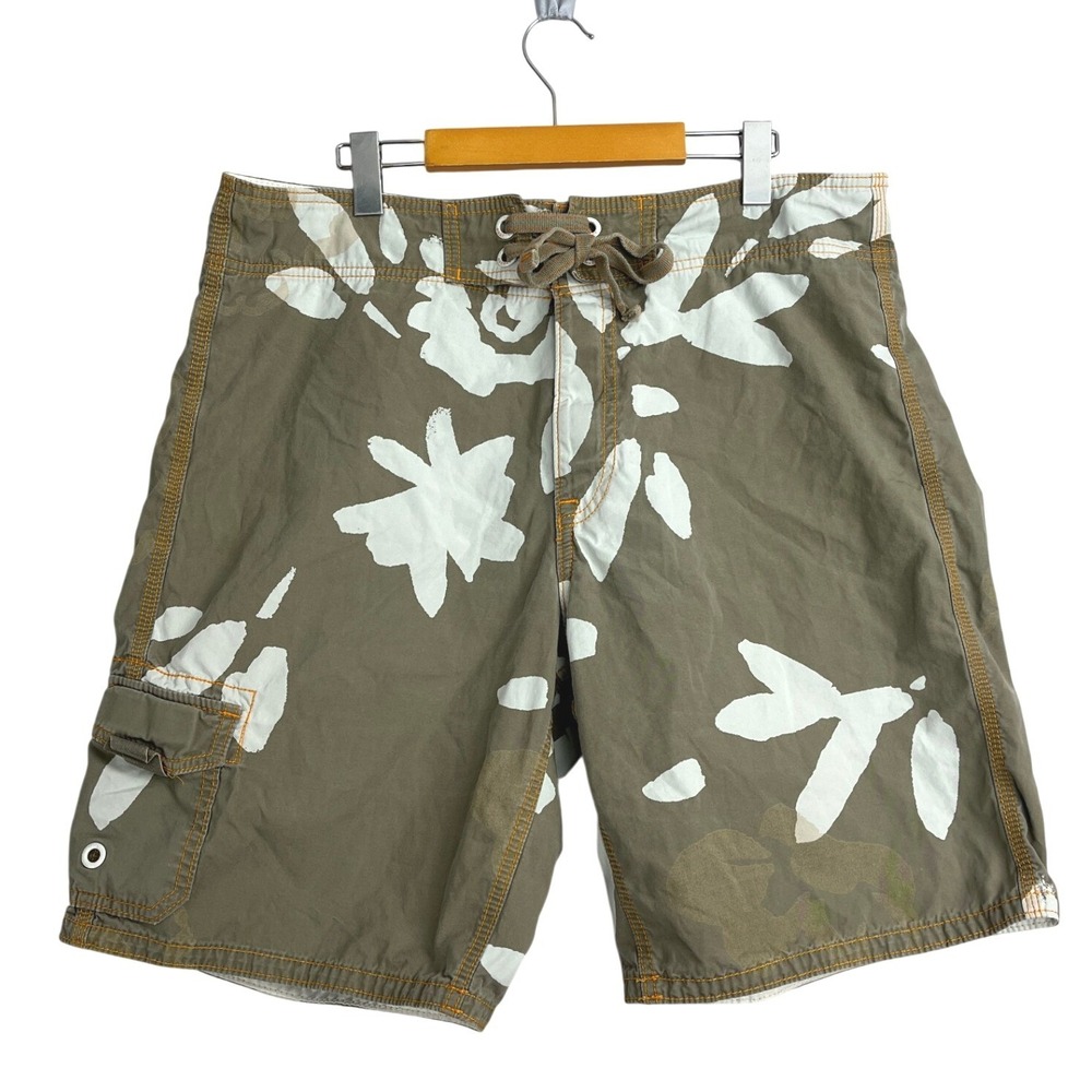 Y2K GAP Mens Board Shorts Swim Trunks Olive Green Floral Cargo Size Large